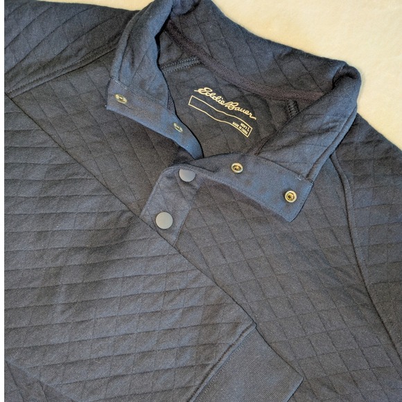Eddie Bauer Quilted 1/4 Snap‎ Mens Large Blue Pullover Sweatershirt Mock Neck - Picture 1 of 15